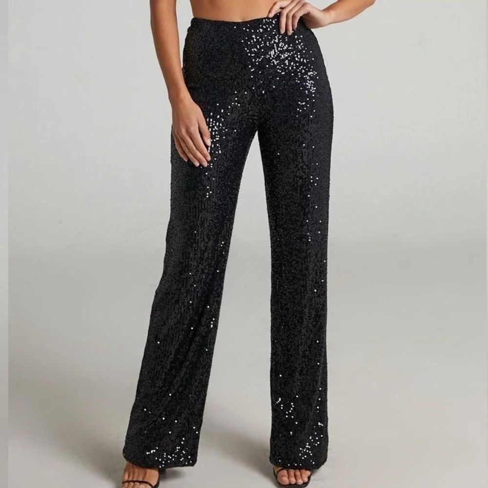 House of Harlow 1960 2 pc Sequenced Stretch pull-on Pant & Sateen Cropped Top - Picture 9 of 15
